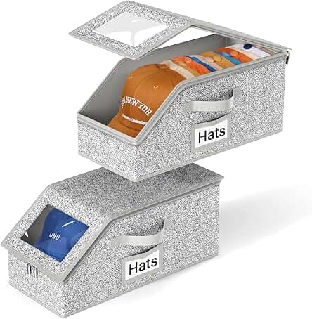AOODA 2 PCS Stackable Hat Storage for Baseball Caps, Holds up to 24 Caps Hat Organizer for Closet, Sturdy Snapback Boxes for Men with Cardboard, Grey