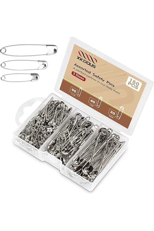 XKDOUS Safety Pins - 150 Pcs Assorted Sizes Silver Pins Bulk - Small & Large Heavy Duty for Clothes, Sewing, Craft