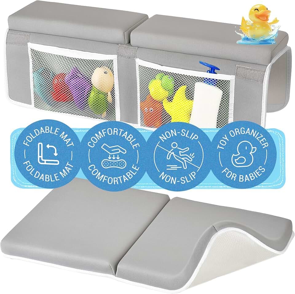 colsen Baby Bath Kneeler and Elbow Kneeling Rest Pad Set – Comfortable, 1.5” Thick, Painless, Non-Slip, Foldable Mat for Bathing Parents, with Toy Organizer for Babies and Toddlers - Grey
