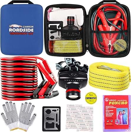 Car Roadside Emergency Kit, with Jumper Cables Automotive Kit,Car Safety Roadside Assistance Kit Headlamp,Tow Straps, Multi-Function Blades, Rainwear, Gloves.Blue
